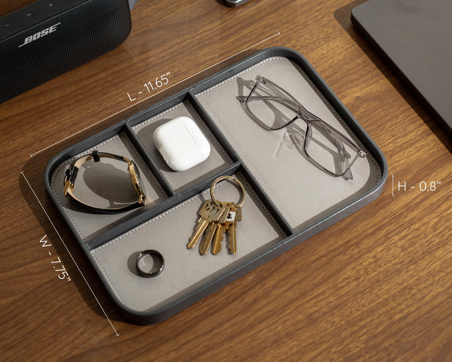 MUUJEE Leather Catchall Multitray (Design 2) - 11.65 x 7.75 x 0.8, Mountain Design Embossed Minimalist Wallet Tray for Men, Thoughtful Husband Gift, Desk EDC Organizer for Watch Keys Glasses, Gray