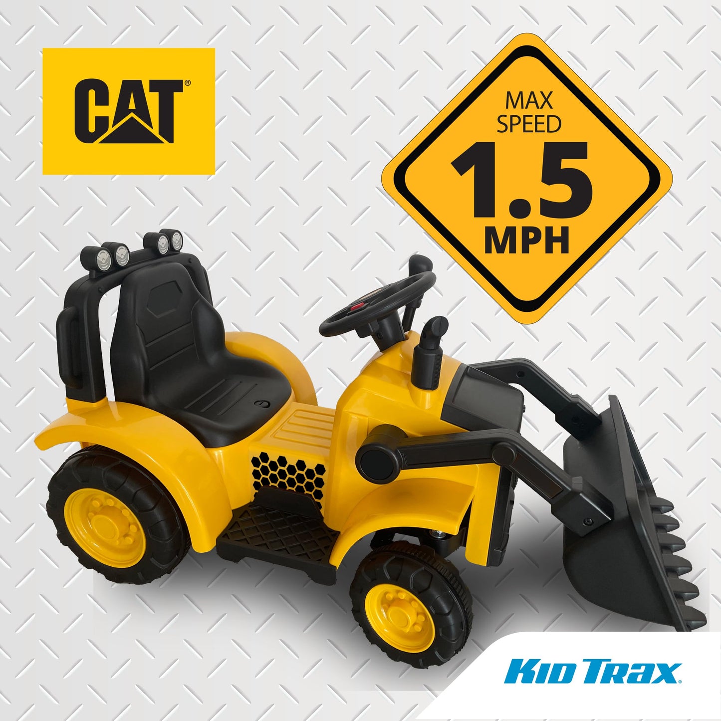 Kid Trax 6V CAT Frontloader Ride-On Toy for Kids, Ages 18-36 Months, Max Weight 44 lbs, Easy Push Button Drive System and Pull Front Bucket Lever, Includes Toy Hard Hat