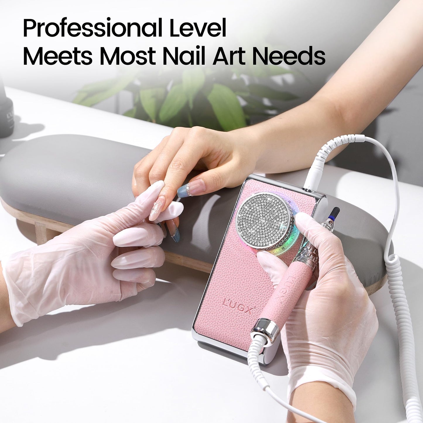 L'UGX Professional Nail Drill, 30000RPM Brushless Nail Drill Machine, Cordless Rechargeable Electric Nail File for Acrylic Nails Gel Polishing, Low Noise Low Vibration, 7Pcs Drill Bits, Diamond Pink