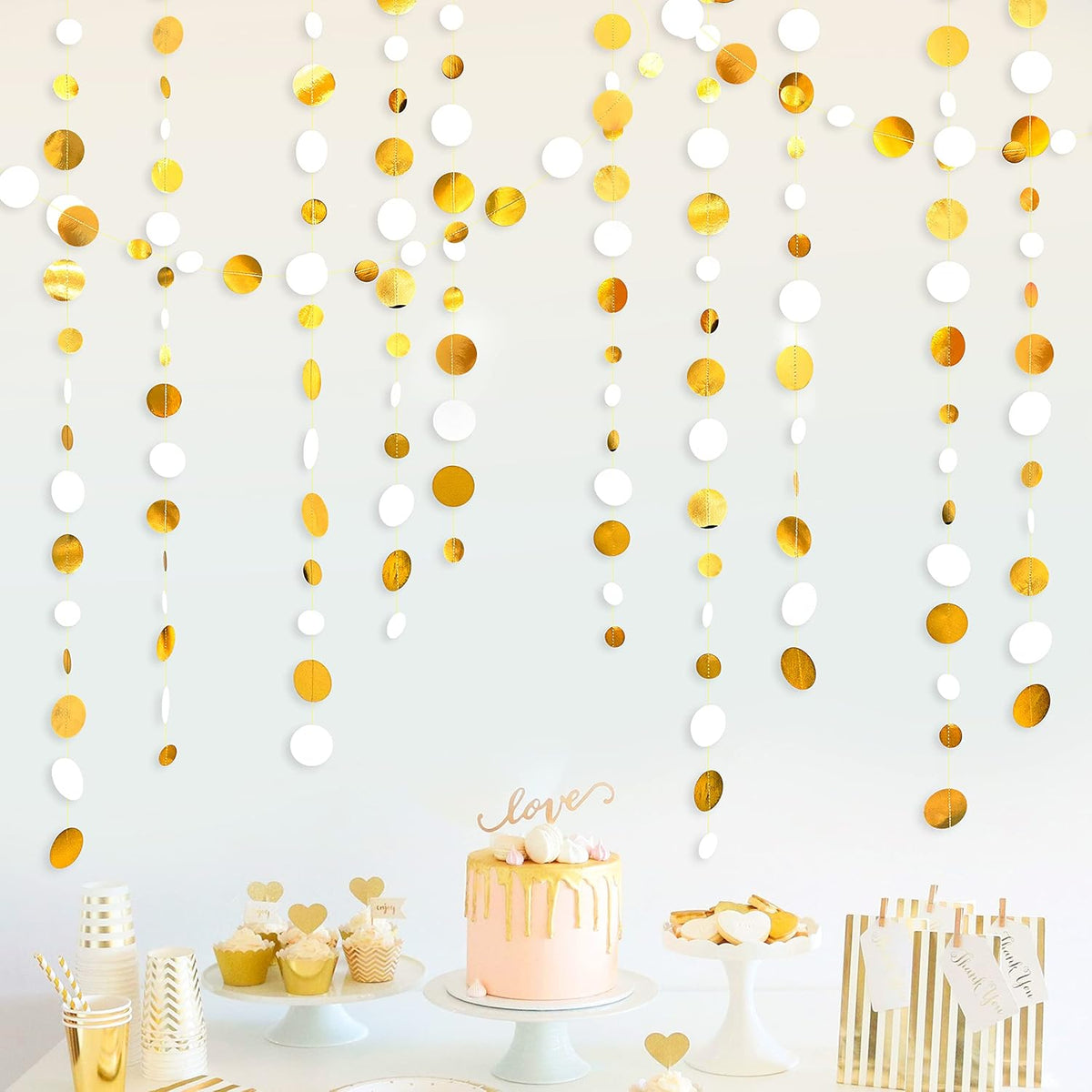 46 Feet White and Gold Circle Dots Garland Hanging Paper Polka Dots Streamer for Birthday Bachelorette Engagement Anniversary Wedding Baby Bridal Shower Christmas Holiday Party Decorations Supplies