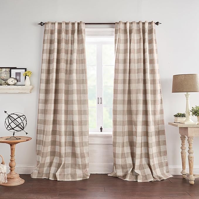 Elrene Home Fashions Farmhouse Living Grainger Buffalo-Check Blackout Window Curtain, Living Room and Bedroom Drape with Rod Pocket Tabs, 52" x 95", Linen, 1 Panel