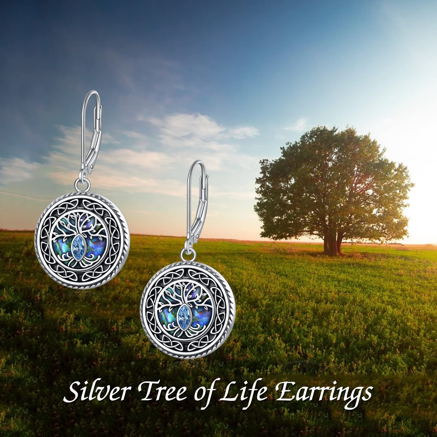 POPLYKE Tree of Life Earrings 925 Sterling Silver Leverback Earrings for Women Celtic Abalone Earrings Dangle