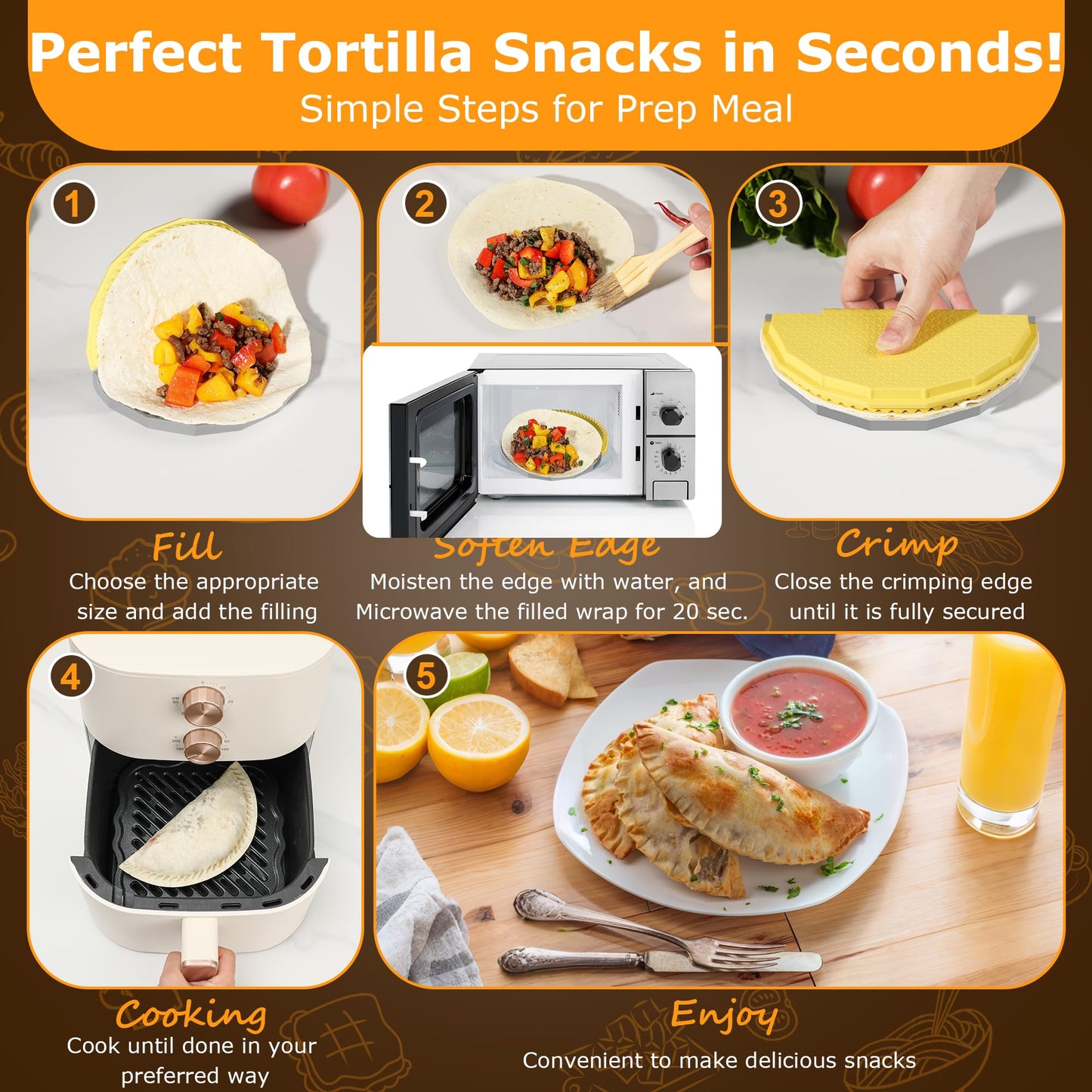 Tortilla Sealer Crimper Press - 4pcs Quesadilla Maker for 10"+8"+6"+4" Flour Tortillas |Make Sealed Taco,Quesadilla,Empanada,Burrito,Dumpling,Sandwich,BPA-Free Dishwasher Safe (Grey Yellow)