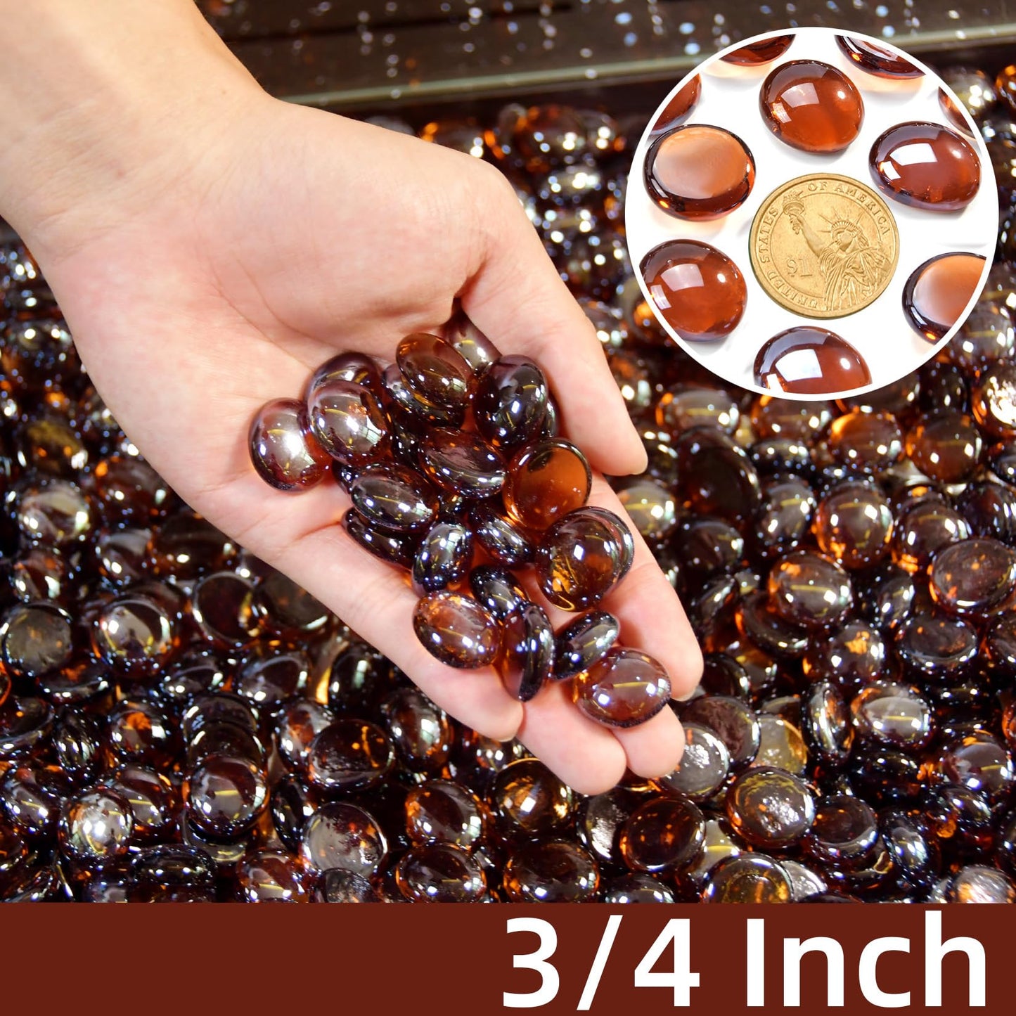 RUOJAS 20 Pounds Amber Fire Glass Beads 3/4 Inch Firepit Gems for Fire Pit Table, Fireplaces, Fire Bowl, Garden Landscaping & DIY Crafts