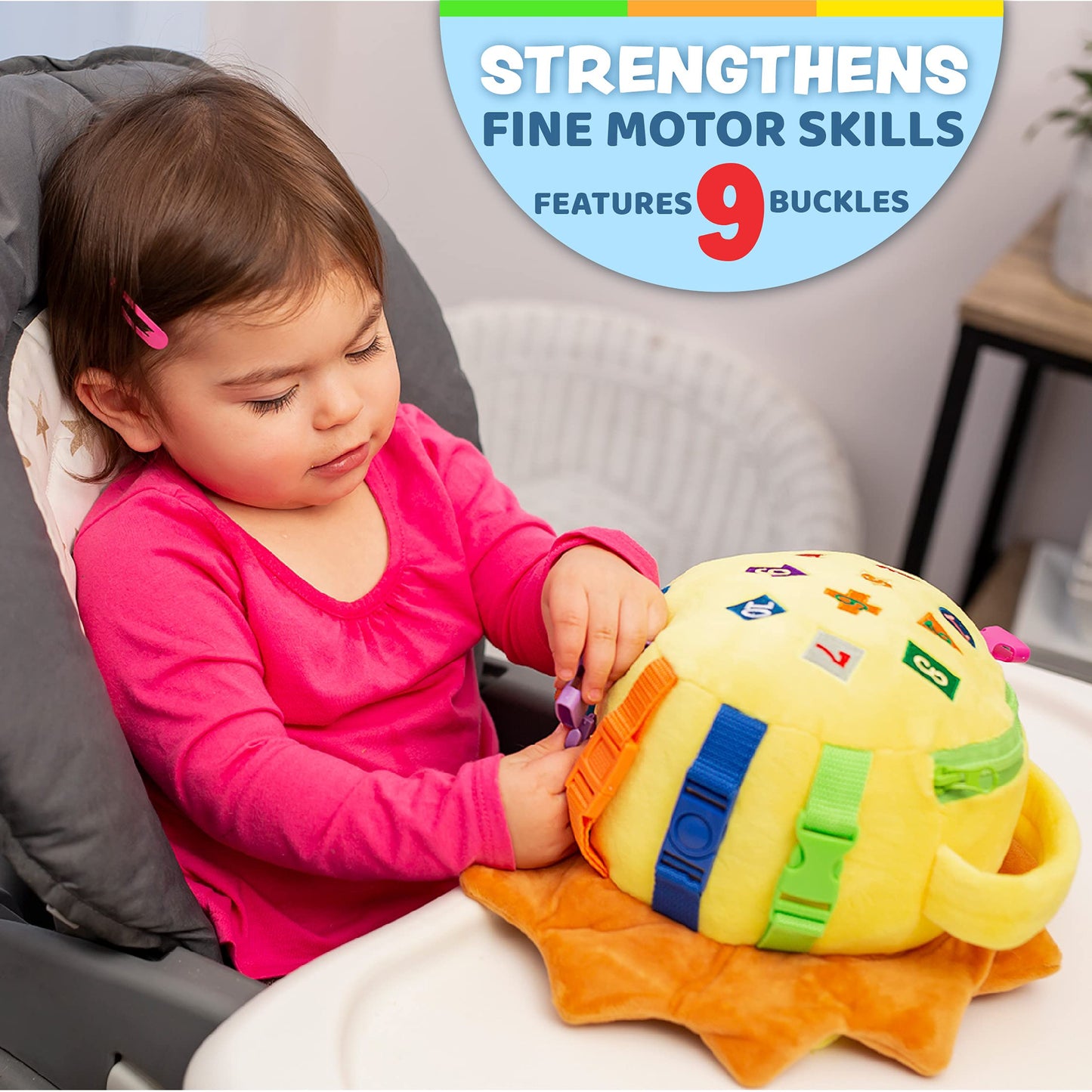 Buckle Toys - Benny Lion - Toddler Plush Activity Toy Stuffed Animal - Great for Homeschool or Preschool - Fine Motor Skill and Cognitive Skill Development - Zipper Storage for Small Items