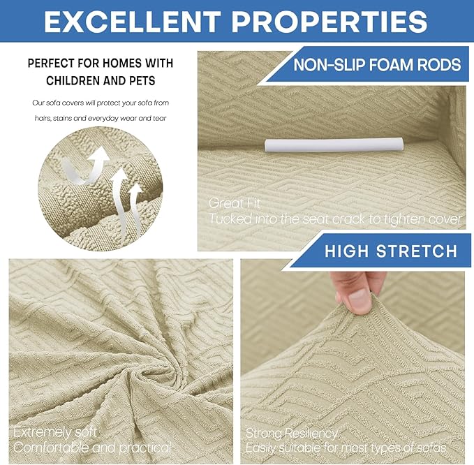 XINEAGE New Extra Large Couch Cover for 3 Cushion Couch (91"-110") 1 Piece Stretch Oversized Sofa Slipcovers Jacquard 4 Seater Furniture Protector Elastic Bottom for Kids,Pet (XL Sofa, Light Beige)