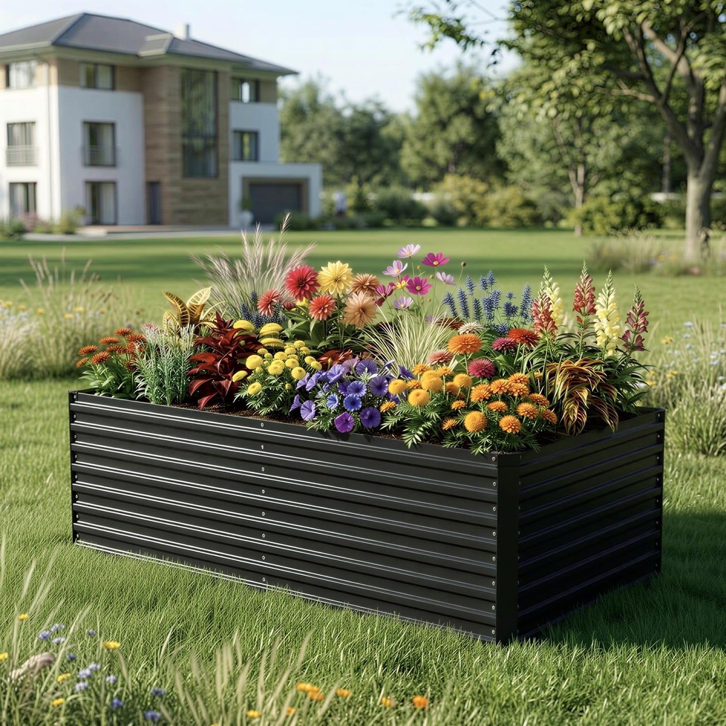 DTIG Galvanized Raised Garden Bed for Vegetables Flowers Herbs, Tall Metal Raised Garden Bed Kit with Garden Tools, Gloves, Plant Labels, Black 6×3×2FT