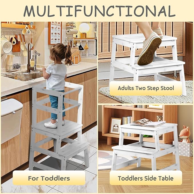 Kitchen Step Stool for Toddlers with Safety Rail, Wooden Toddler Standing Tower Kids Montessori Learning Stool Helper with A Anti-tip Structure for Kitchen Bathroom, Anti-Slip, White