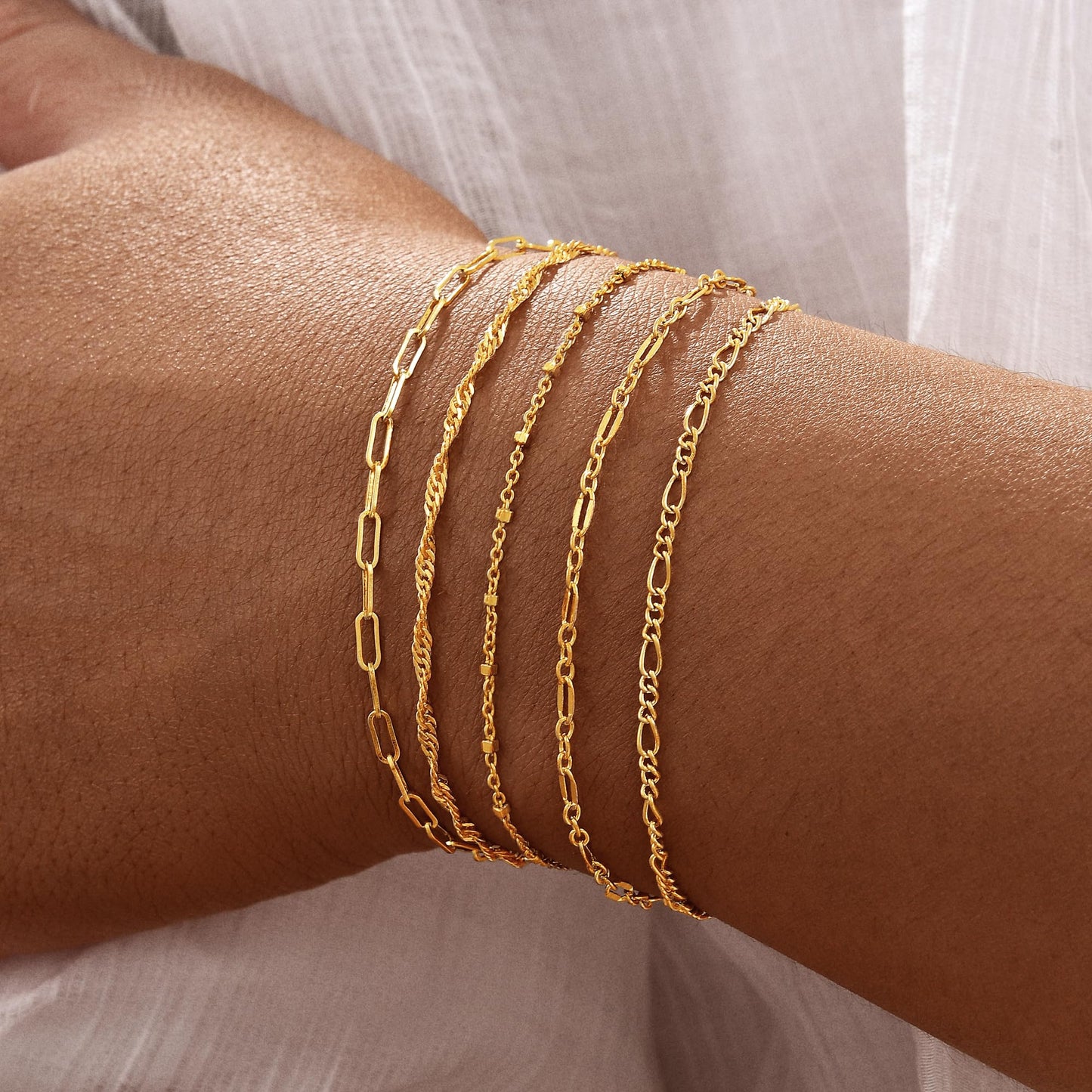 Striviio Gold Bracelets for Women, 14K Gold Plated Stackable Bracelet Stack Set Adjustable Charm Small Square Chain Snake Link Layered Waterproof Jewelry Sets Gifts
