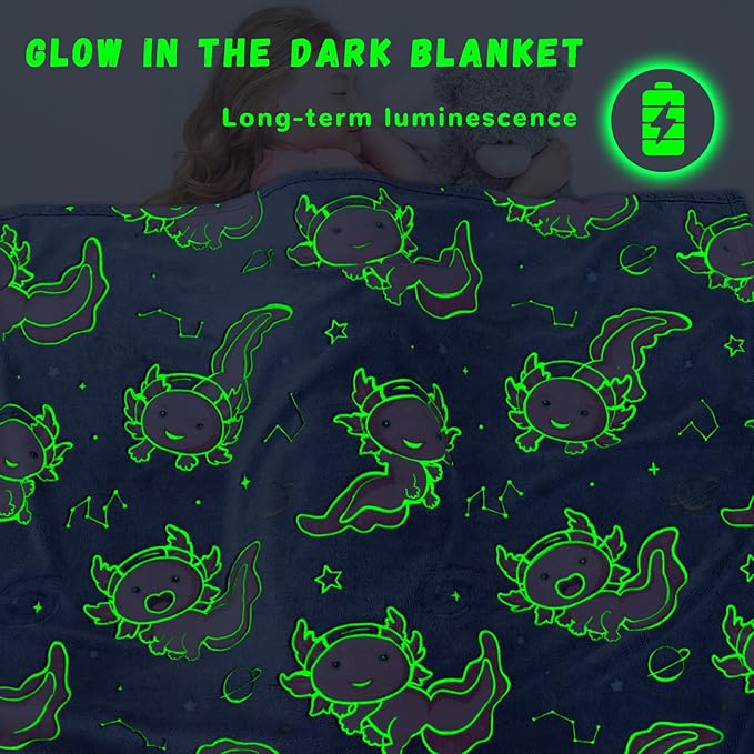 Axolotl Blanket Glow in The Dark Salamander Soft Blankets Pink Axolotl Gifts Toys Decor Cute Cozy Plush Blue Kids Throw for Boys Girls Teenage