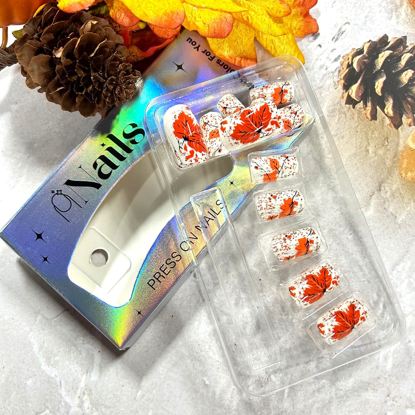CJDLTS Fall Fake Nail Medium Square Thanksgiving Press on Nails Maple Leaf Artificial Fingernails Full Cover Glossy Autumn Stick on Nail Press Ons Festival Glue on Nails for Women 24Pcs