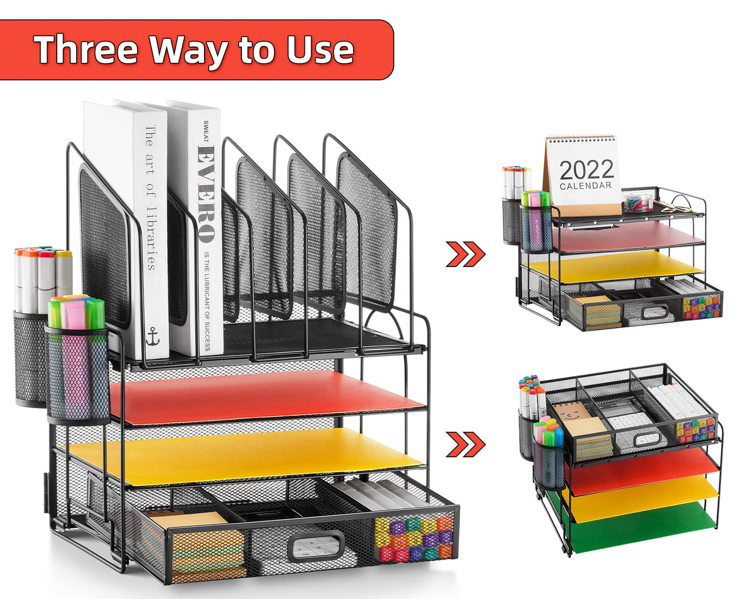 Marbrasse Desk Organizer with Drawer, 4-Tier Mesh File Organizer with 5 Vertical File Holders and 2 Pen Holders, Multifunction Desktop Organizer,Desk Organizers and Accessories for Home Office