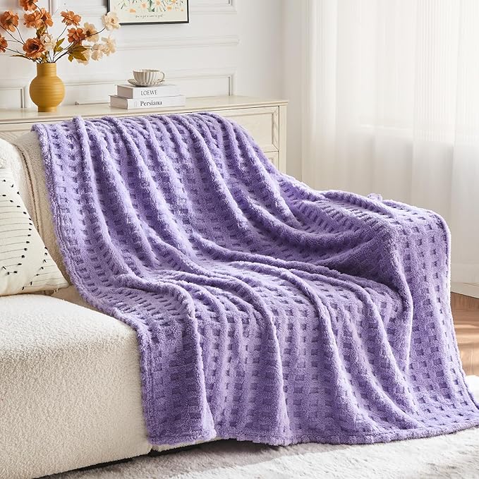 NEWCOSPLAY Super Soft Queen Blanket Lavender Premium Silky Flannel Fleece 3D Waffle Checkered Lightweight Bed Blanket All Season Use (Lavender, Queen(90"x90"))