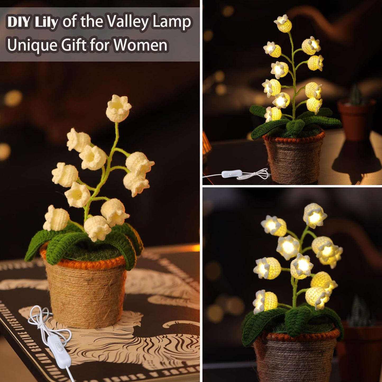 ANZRLE Lily of The Valley Lamp, White Crochet Artificial Flowers with Night Lights, Table Lamp with USB Port -Birthday Gifts for Women,Cozy Home Decor Mothers Day Gifts