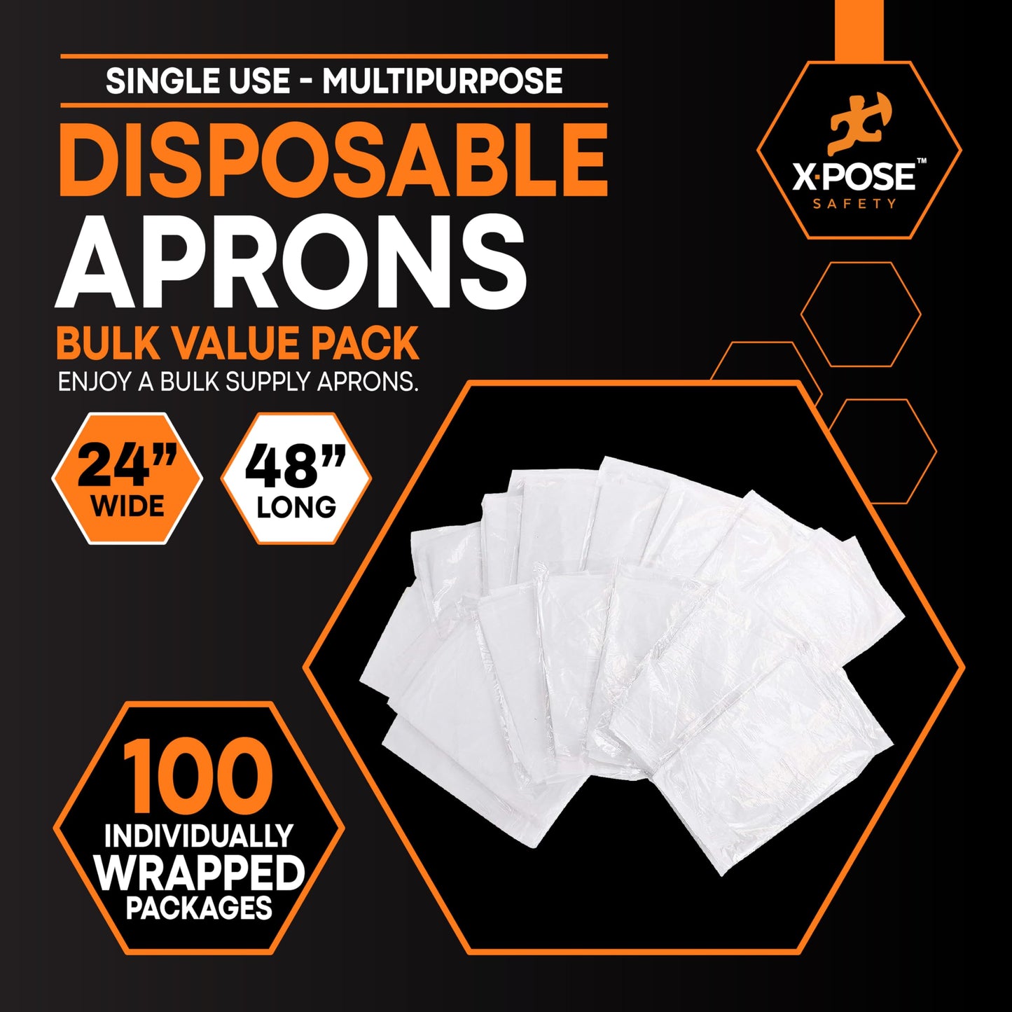 Xpose Safety 100 Pack White Plastic Disposable Bulk Aprons, Individually Wrapped Waterproof Polyethylene Aprons for Cooking, Food Prep & Cleaning, 1 Mil Durable Plastic, 24" x 48"