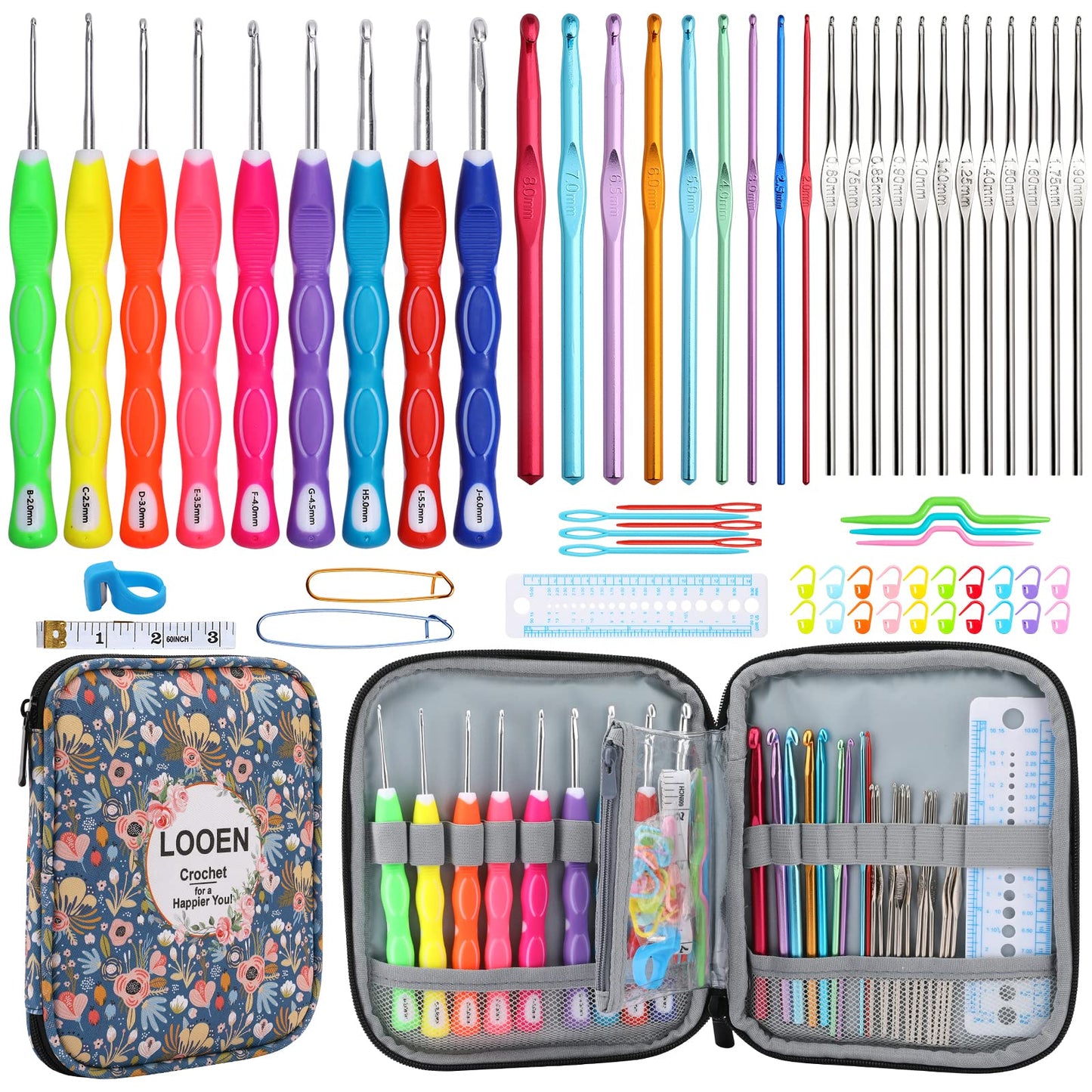 Looen Crochet Hooks Set-Yarn Needles Coloured Aluminum with Storage Case Rubbery Handle Ergonomic Comfort Grip DIY Craft Handmake Kit 64pcs