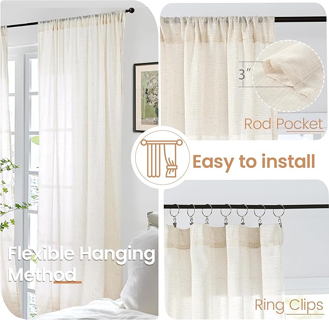 BGment Beige Linen Curtains 63 Inch Length for Living Room - Cream Semi Sheer Drapes Rod Pocket Rustic Natural for Bedroom Country Decorative Light Filtering, 2 Panels, Each Panel 52 Inch Wide