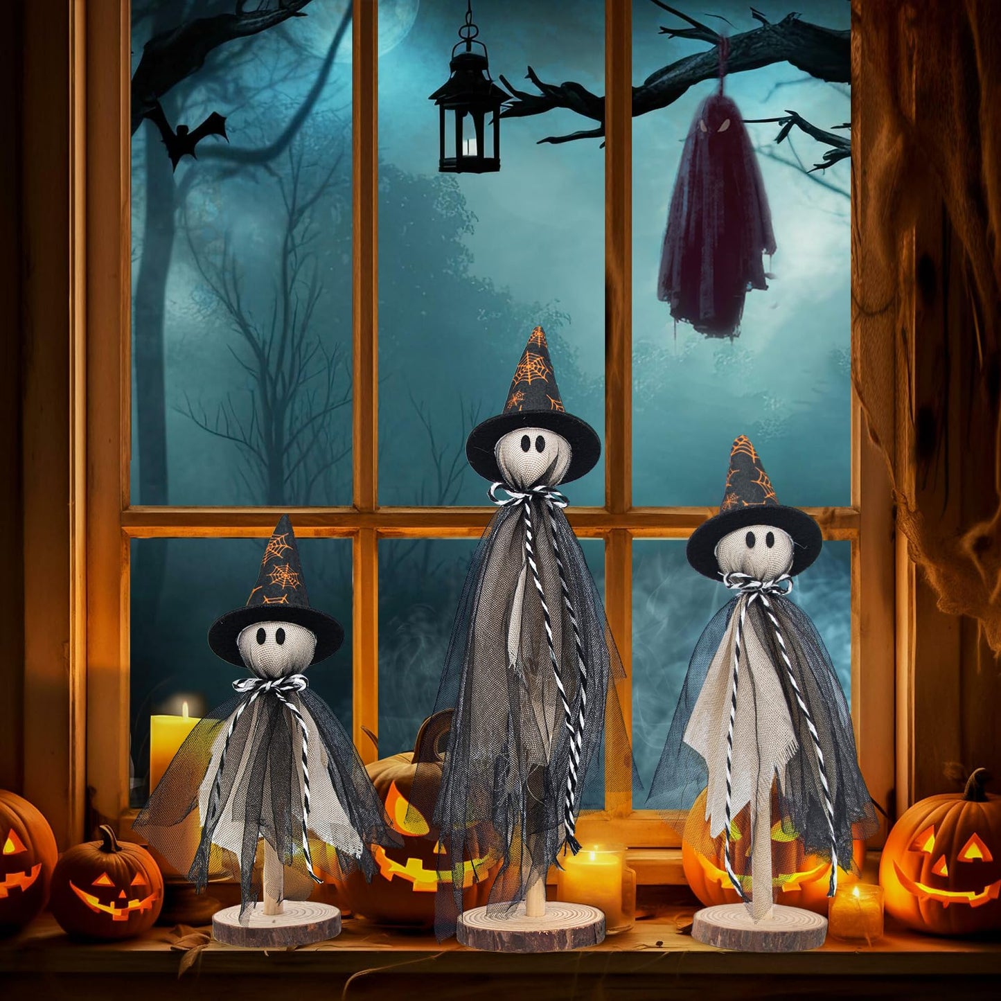 Halloween Decorations Ghost Shelf Sitters – Set of 3 Wooden Halloween decor with Witch Hats – Fabric Ghost Figures with Spiderweb Design – Table Decor for Tiered Tray, Mantel, Party Supplies(Black)