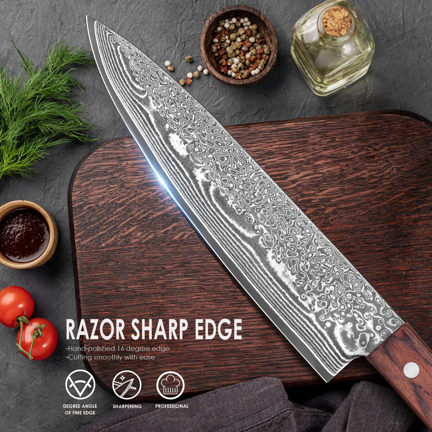 COOKLET'S Chef Knife, 8 Inch Professional VG10 Damascus High Carbon Stainless Steel Ultra Sharp Chef Knife, Vegetable Meat Kitchen Cooking Knife, G10 Ergonomic Color Wooden Handle with Luxury Gift Box