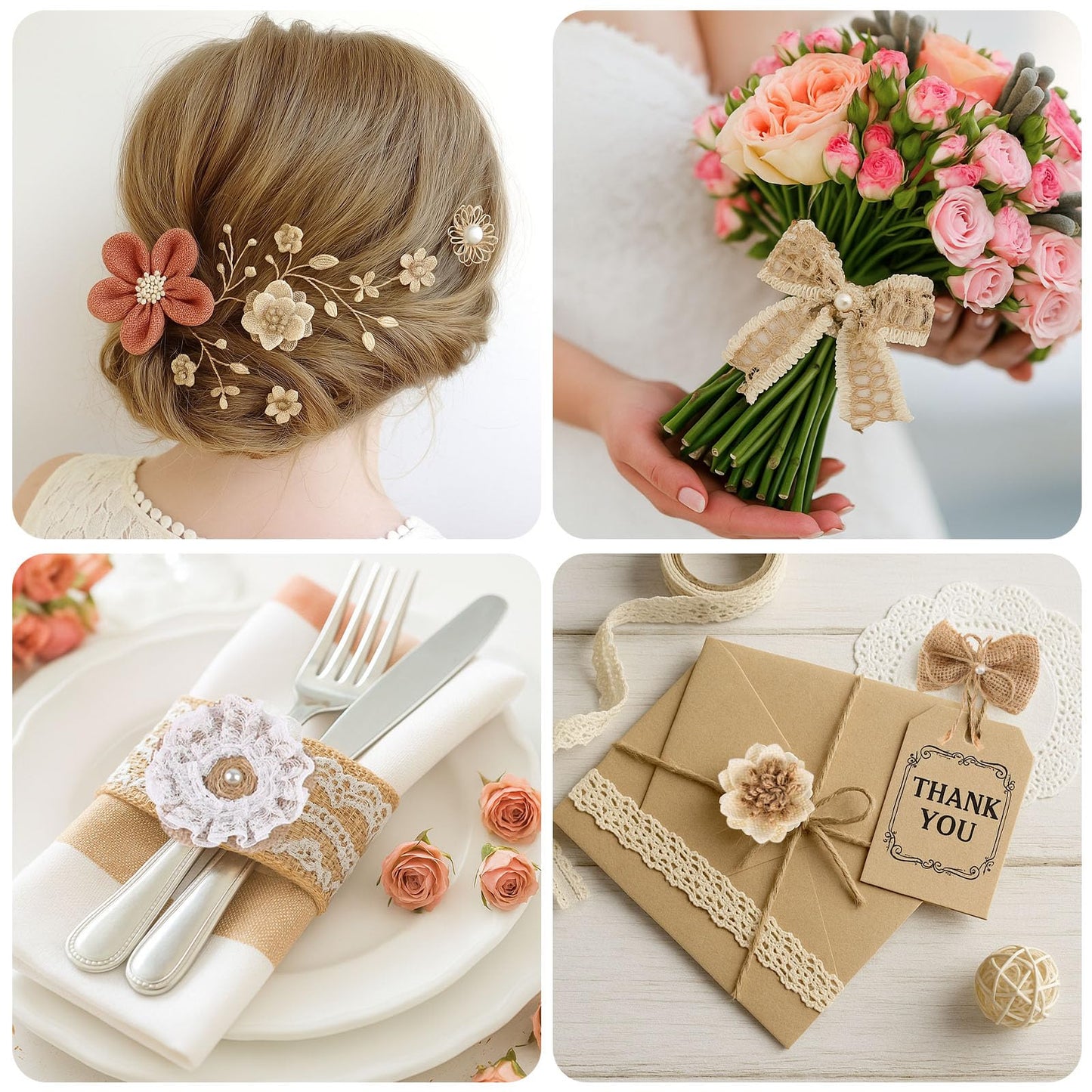 VGOODALL 32 PCS Natural Burlap Flowers Set, Burlap Bows and Scrapbook Embellishments for Wedding Party Decor Home, Embellishments for Crafts