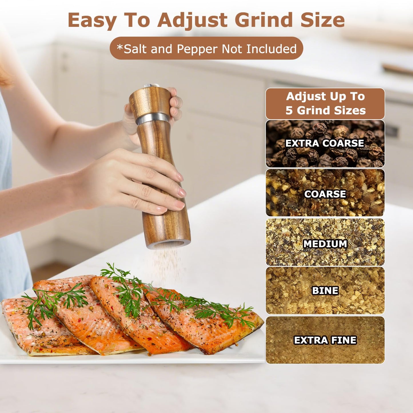 2 Pack Acacia Wood Salt and Pepper Grinder Set – 8” Manual Mills with Adjustable Ceramic Core, Stainless Steel, Tray, Spoon, Brush & Funnel – Rustic Wooden Gift Set for Kitchen or Table
