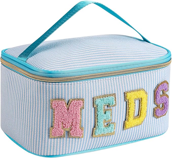 uekeboag Personalized Chenille Letter Seersucker MEDS Makeup Bag,Large Size Medicine RX Cosmetic Bag with Top Handle, First Aid Travel Organizer Bag for Women Girls(01Blue)