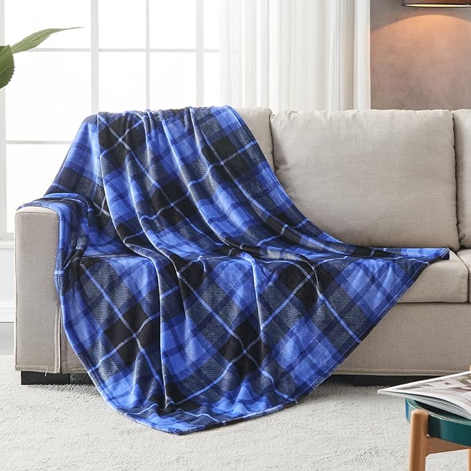SOCHOW Flannel Fleece Throw Blanket 50 x 60 Inches, All Season Plaid Blue Blanket for Bed, Couch, Car