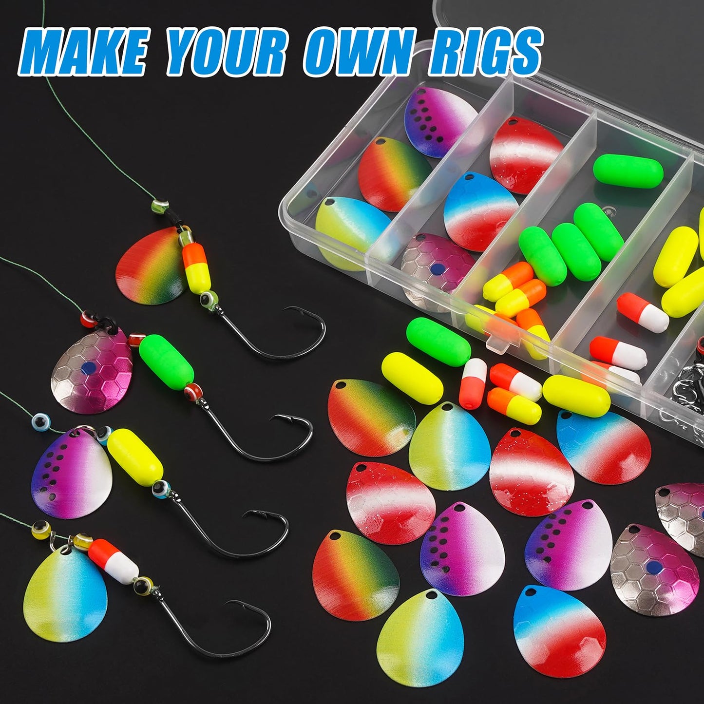 Walleye Rigs Fishing Lure Making Kit, 128pcs Includes Colorado Blades, Floats, Hooks, Swivels, Beads & Mono Line - DIY Walleye, Kokanee, Trolling Rigs