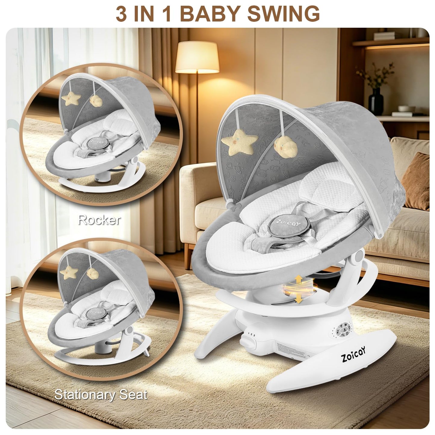 3-in-1 Baby Swing for Infants with Motion Detection, Infant Swing with 5 Speeds & 3 Swing Modes, 12 Lullabies, Electric Swing for Baby, Up to 25 lbs, White