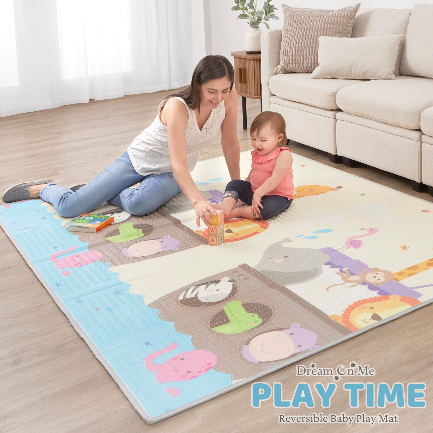 Dream On Me Play Time Reversible Baby Play Mat Foldable Extra Large Thick Foam Crawling Playmats for Toddlers Waterproof Portable Playmat, Happy Feet