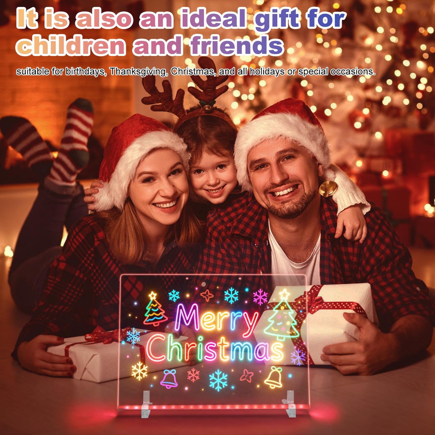 LED Note Board with 7 Colors 2-Pack,13.7"x10" Light Up Dry Erase Board for Kids with 4 Modes,Includes Adapter,Invisible Stand,7 Markers,Spray Bottle,Hanging Chain - Holiday & Christmas Gift,Acrylic
