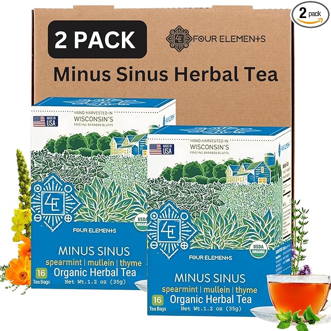 Four Elements Minus Sinus Tea 2 x [16 Teabags, 1.2 oz] | Organic Spearmint Tea with Mullein & Thyme | Caffeine Free Herbal Blend with Refreshing Aroma & Comforting Flavor | Enjoy Hot or Iced Latte