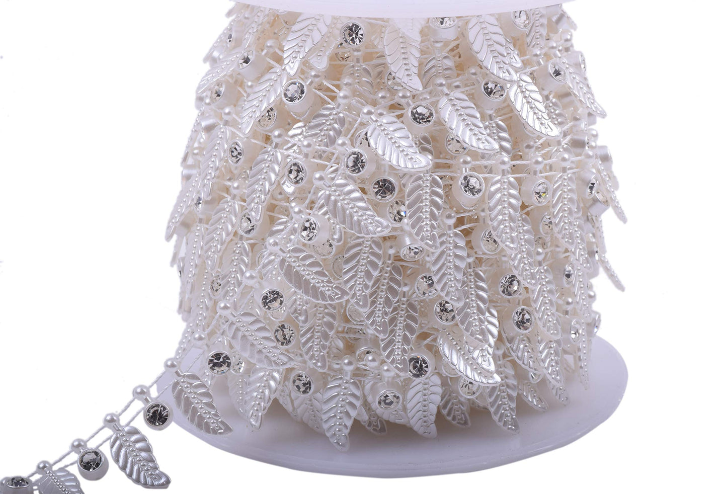 KAOYOO 10 Yards Rhinestone Beaded Chain Trim with Ivory Feather for Wedding Decoration,DIY,Craft, Sewing on Clothing