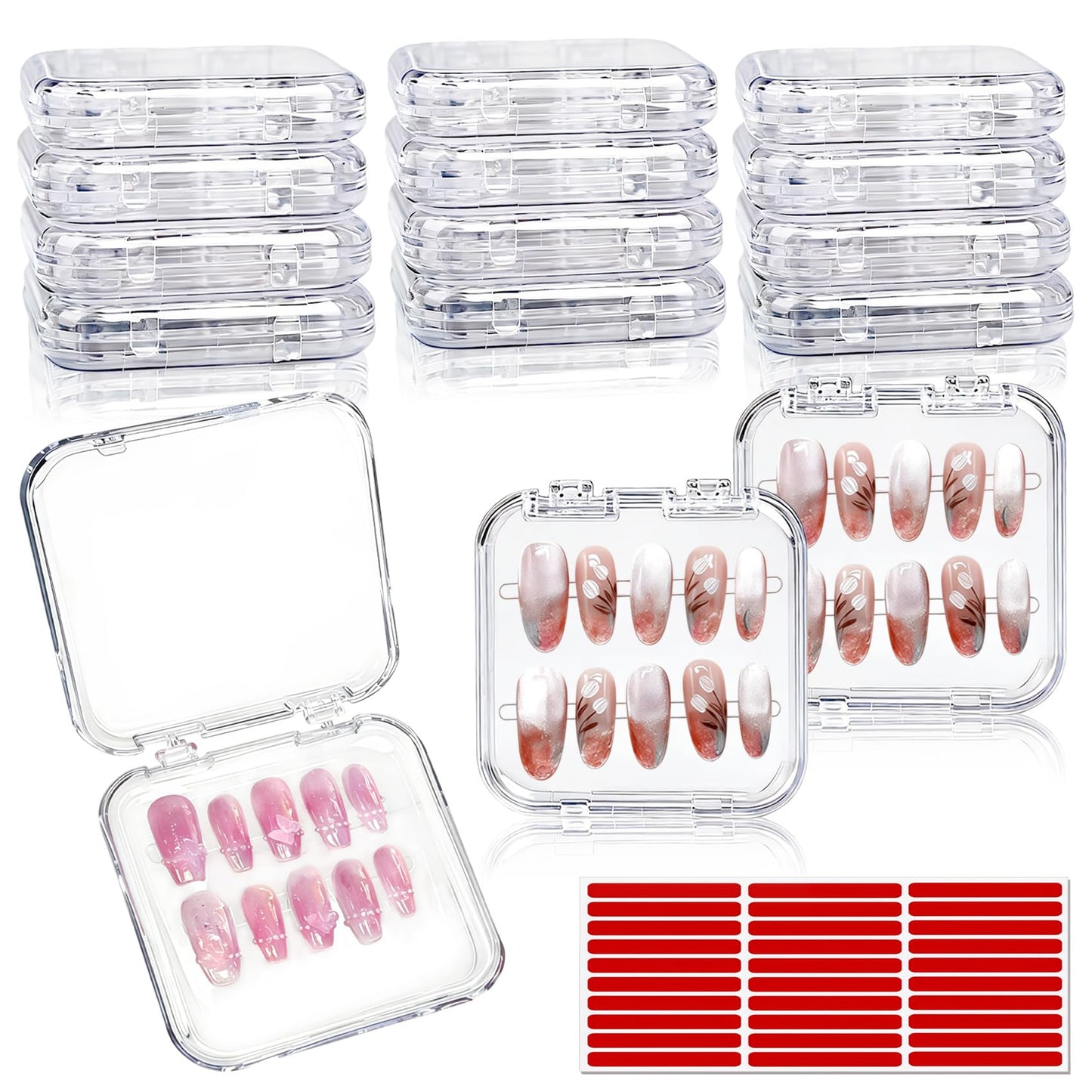 VYNFLICK Press On Nail Packaging - 14pcs Acrylic Press On Nail Organizer Box with 30 Adhesive Tabs, for Fake supplies Storage Case Display Salon Home Storage