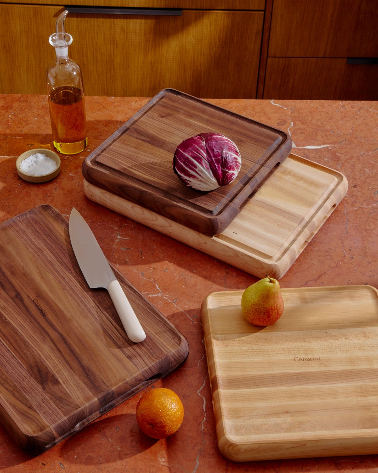 Caraway 3-Piece Prep & Serve Butcher Block Set, Includes 17” Rectangle Cutting Board, 12” Square Cutting Board and Metal Storage Rack, Maple