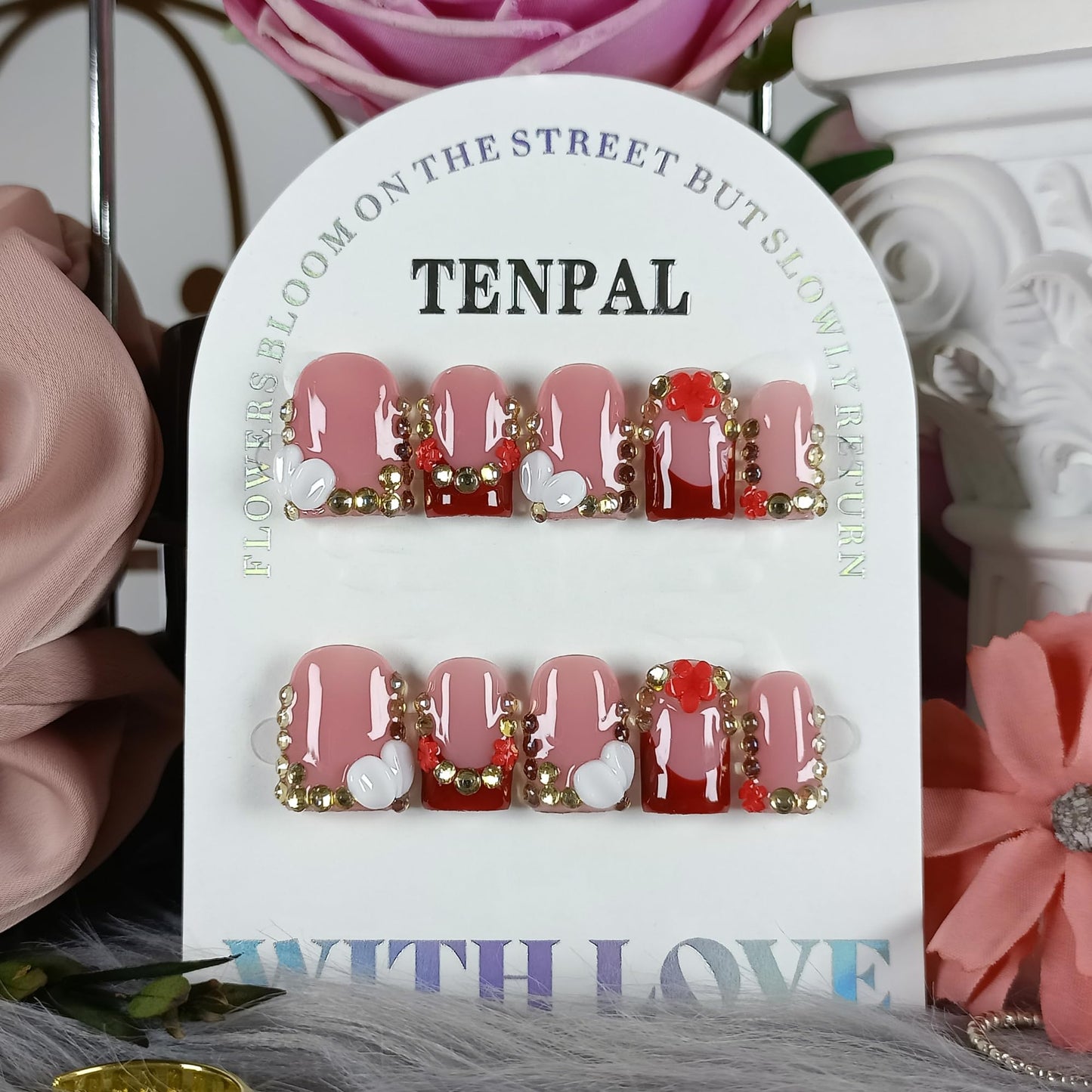 TENPAL Short Squoval Press on Nails - Red French Tip with Rhinestone Edge & Floral | Nude Pink Glossy Fake Nails | Clean Girl Manicure Set(M)