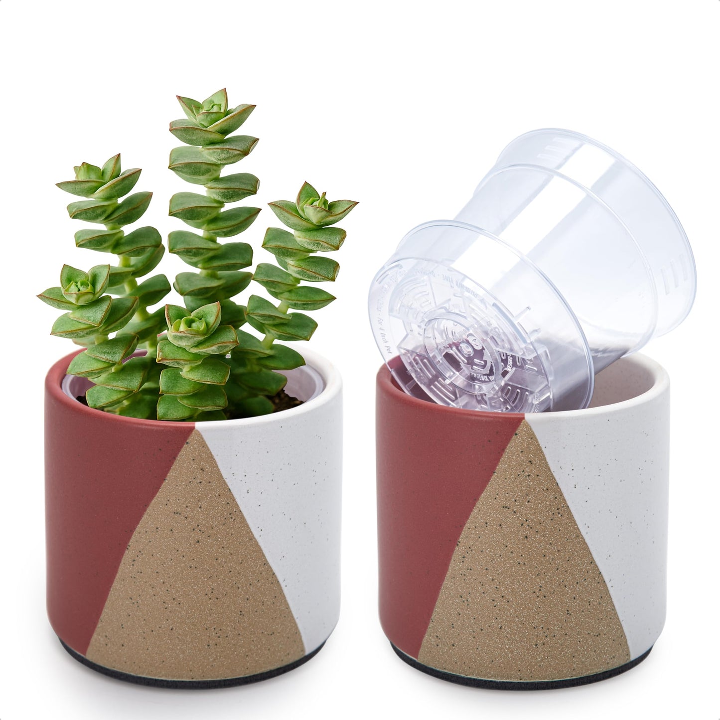 D'vine Dev 4.5" Stoneware Cachepot Planter with 4" Clear Nursery Pot & Detachable Saucer – Indoor Plant Pot with Drainage for Bottom Watering & Root Visibility, Crimson Dune, Set of 2, 93-V-B-4