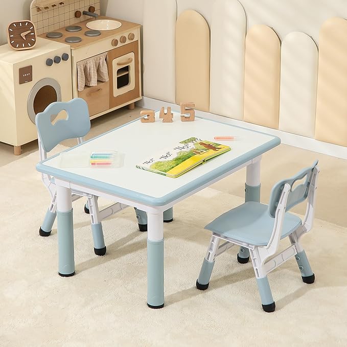Toddler Table and 2 Chairs, Height-Adjustable Kids Table and Chairs Set, 31.5''L x 23.6''W Children Activity for Boys and Girls Aged 3-8