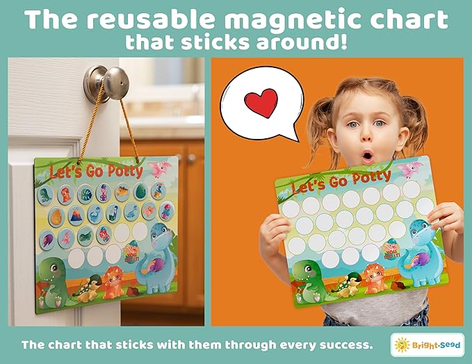 Bright Seed Reusable Magnetic Dinosaurs Potty Training Chart, Potty Training for Boys, Potty Training Sticker Chart, Potty Training Rewards for Boys, 12x10 Inches Magnetic Chart with 28 Chips