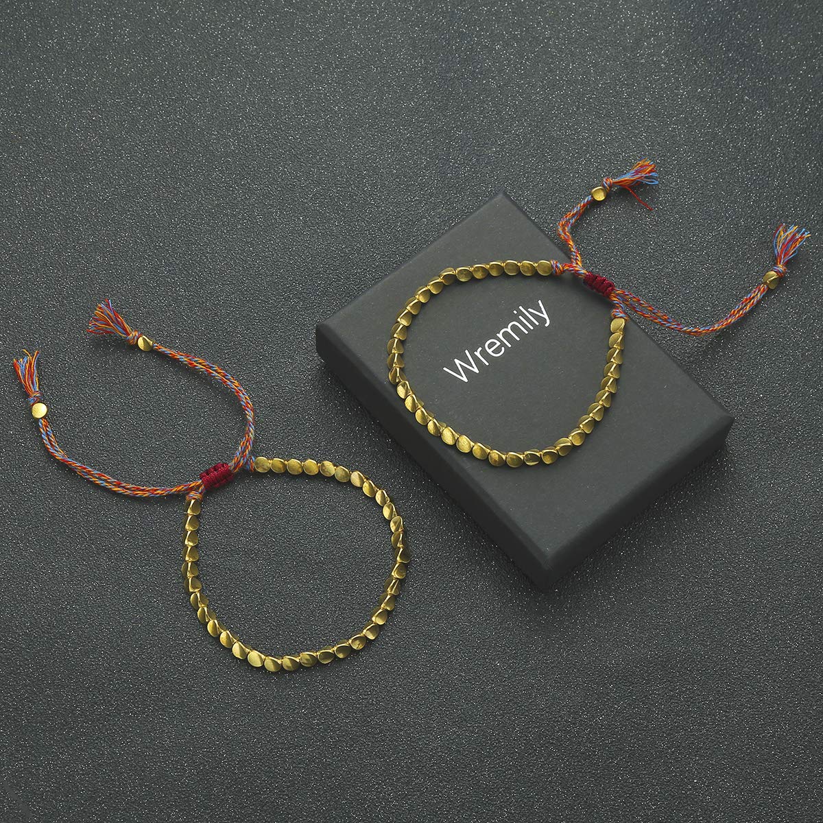 Wremily 2 Pcs Tibetan Copper Bead Adjustable Braided Cotton Bracelet Set Handmade Lucky Rope Bracelet Gift for Women Men