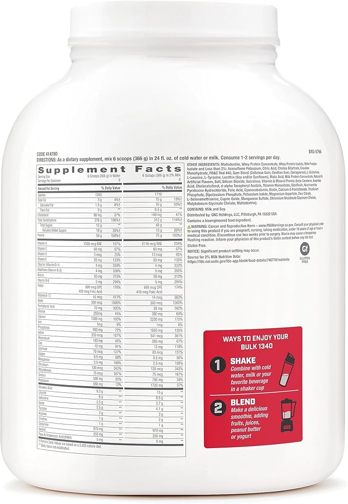 GNC Pro Performance Bulk 1340 Mass Gainer Protein Powder, 50g, Gluten Free, Whey, Creatine, BCAA, 3rd Party Tested, Muscle Recovery & Growth, Micronutrients, Strawberries and Cream, 9 Servings