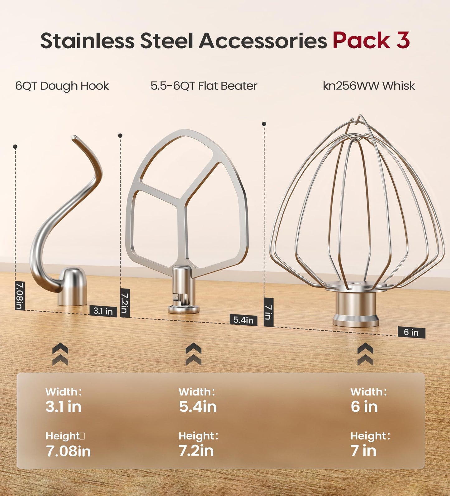 Stainless Steel Accessories 3 Piece Kit for KitchenAid 5.5 and 6 Quart Lift-Up Stand Mixers, Includes 5.5-6QT Flat Beater, Dough Hook, KN256WW 6-Wire Whisk for Kitchen Aid Attachments & 6 Qt Bowl