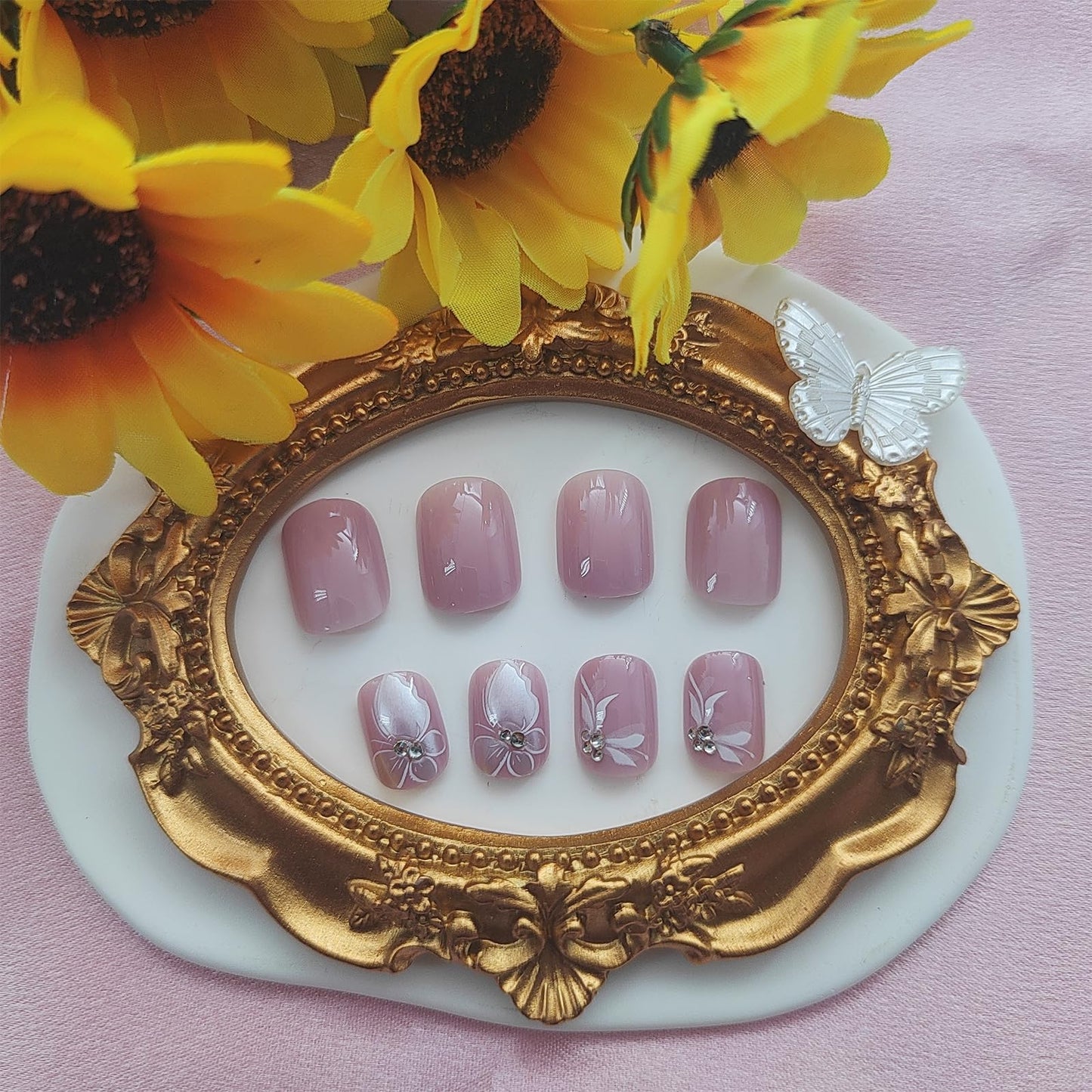 Square Press on Nails Short Fake Nails with White Butterfly Rhinestones Designs Light Pink Nails Press ons Cute Acrylic Nails Glossy Glue on Nails Spring Summer Stick on Nails for Women 24Pcs