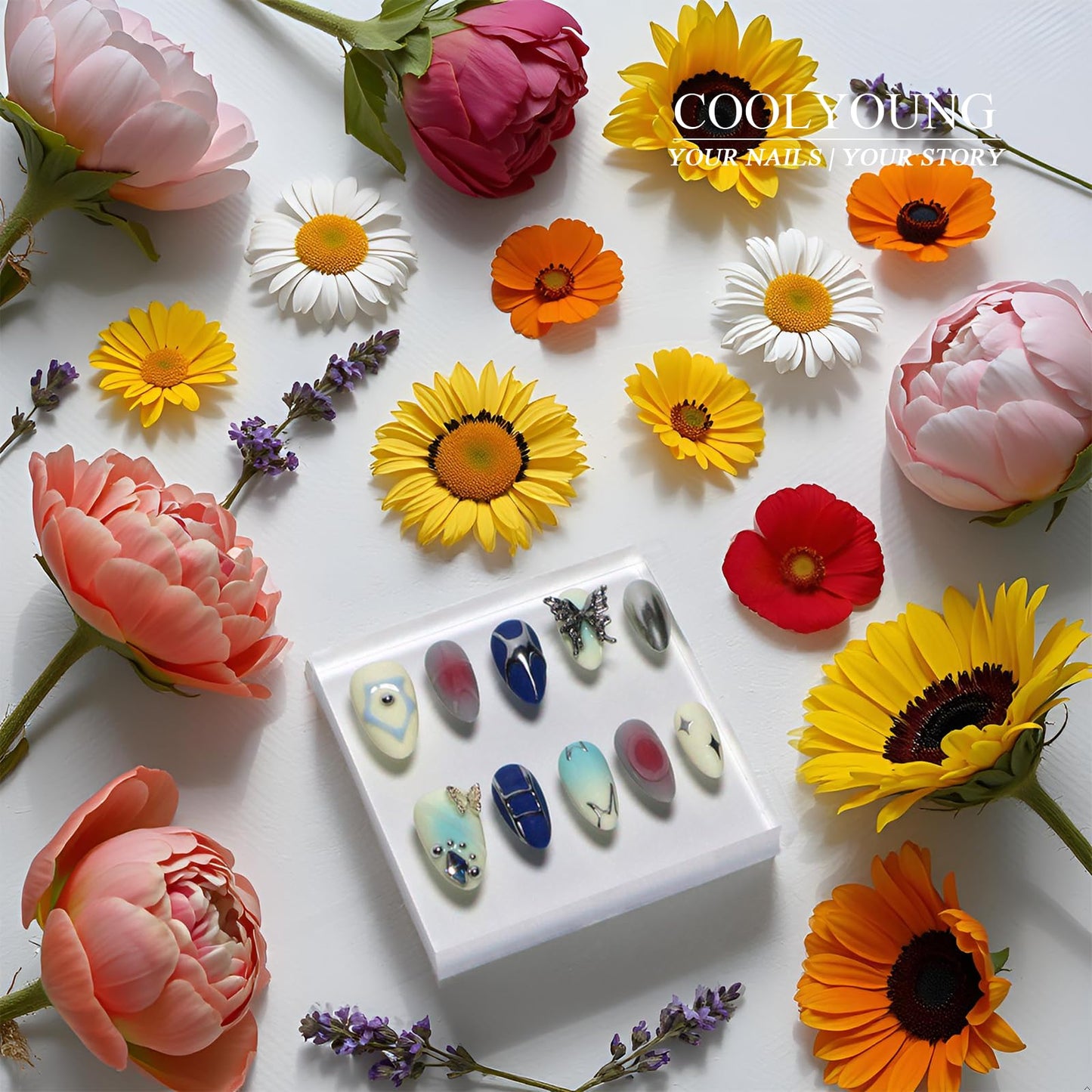 Homemade Press On Nails, Short Almond Press On Nails, Press On Nails Acrylic, Blue Press On Nails, Fake Nails With Designs, Press On Nails 3D, COOLYOUNG Handmade Nails, 10 PCS, Size S