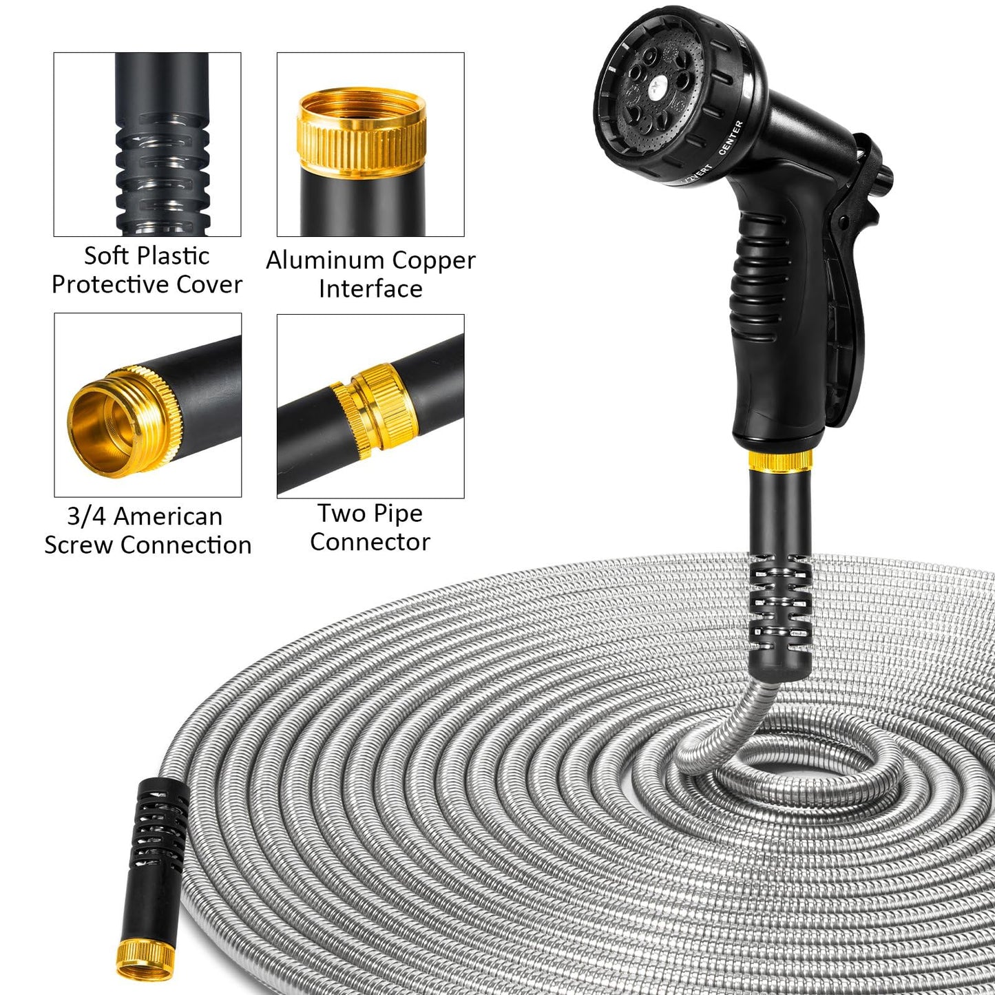 100ft Garden Hose, Heavy Duty Metal Water Hose 100 ft with 10 Function Nozzle, Flexible No-Kink, Pet-Proof & Puncture-Proof Stainless Steel Outdoor Hose for Yard