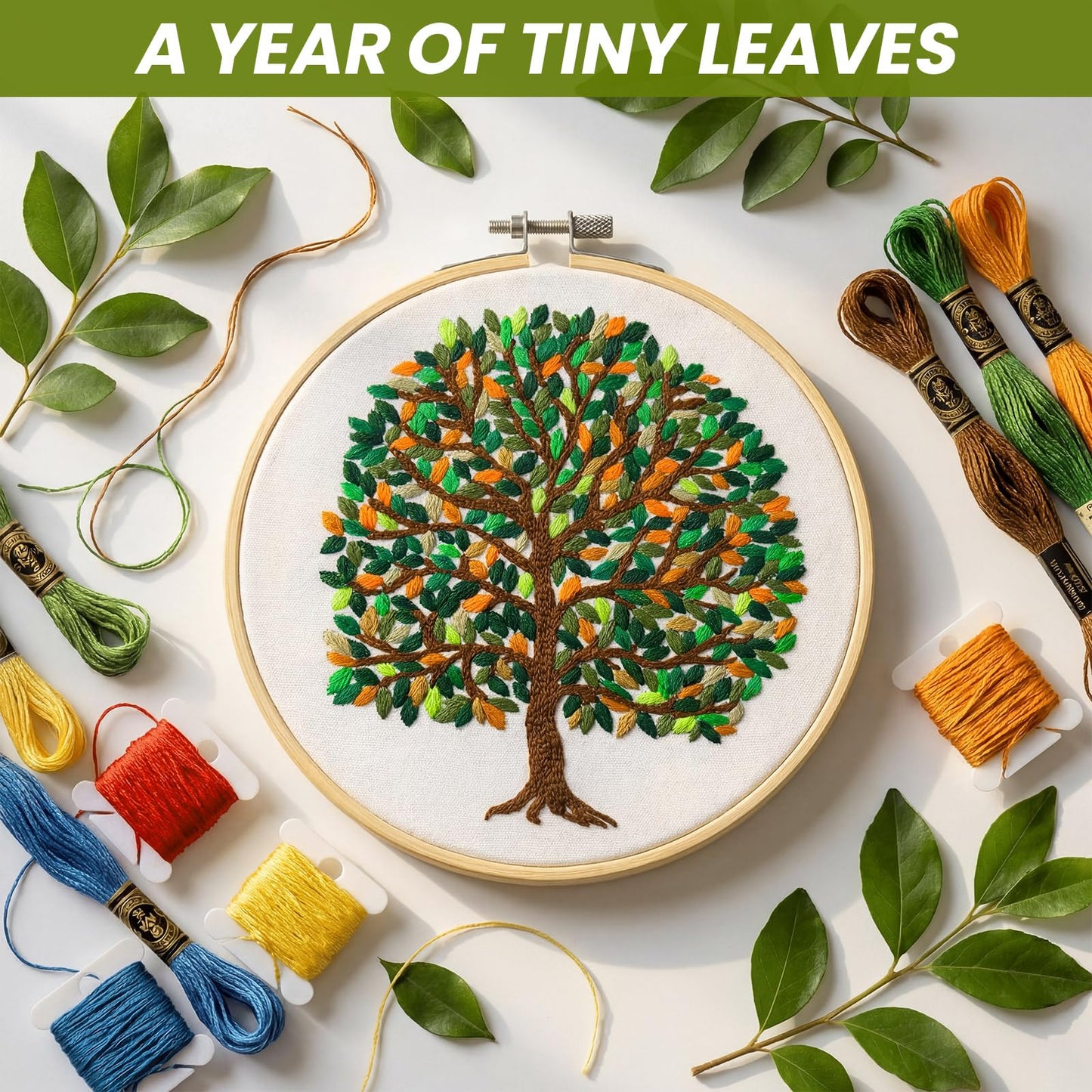 Norme Leaves Embroidery Kit for Beginners Adults 365 Leaves Tree Pre Stamped Pattern Cross Stitch Kits with 7.8 Inch Embroidery Hoop, Threads, Needles, Tools and Stitch Guide for DIY Craft Gift
