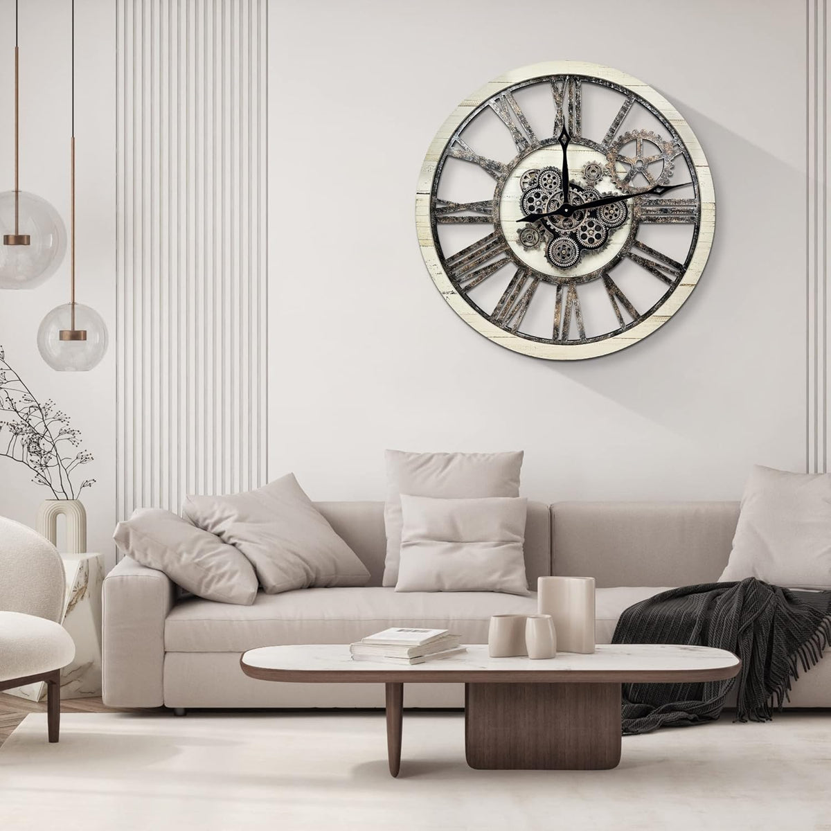 HOIBAI Large Wall Clock, Wall Clocks for Living Room Decor 30 Inch Farmhouse Vintage Rustic Kitchen Wall Decor Vintage Roman Oversized Wall Clock for Home Bedroom House, Moving Gears Clock