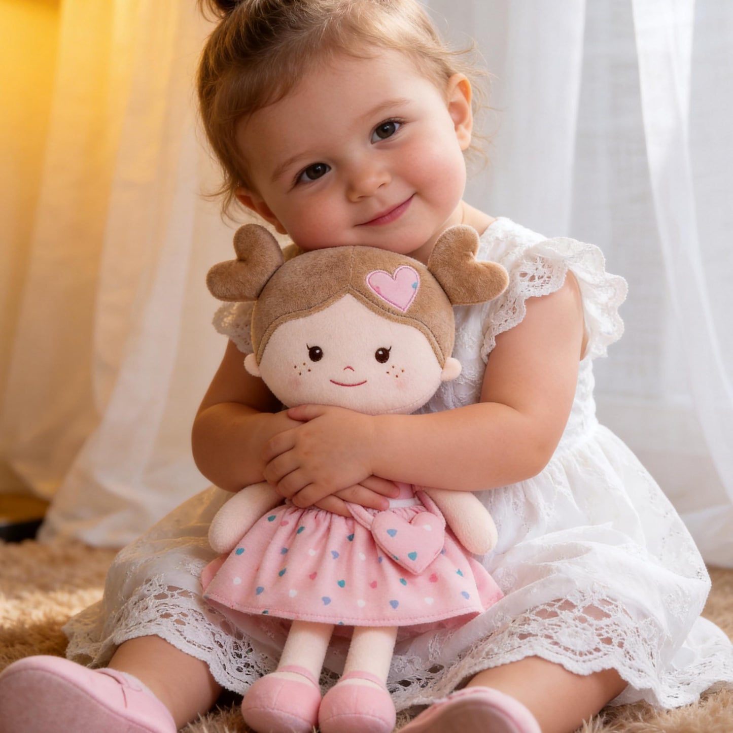 Onetoo First Baby Dolls Plush Rag Doll Soft Baby Toy Girls Sleeping Cuddle Buddy Doll Wear Pink Dress 14"