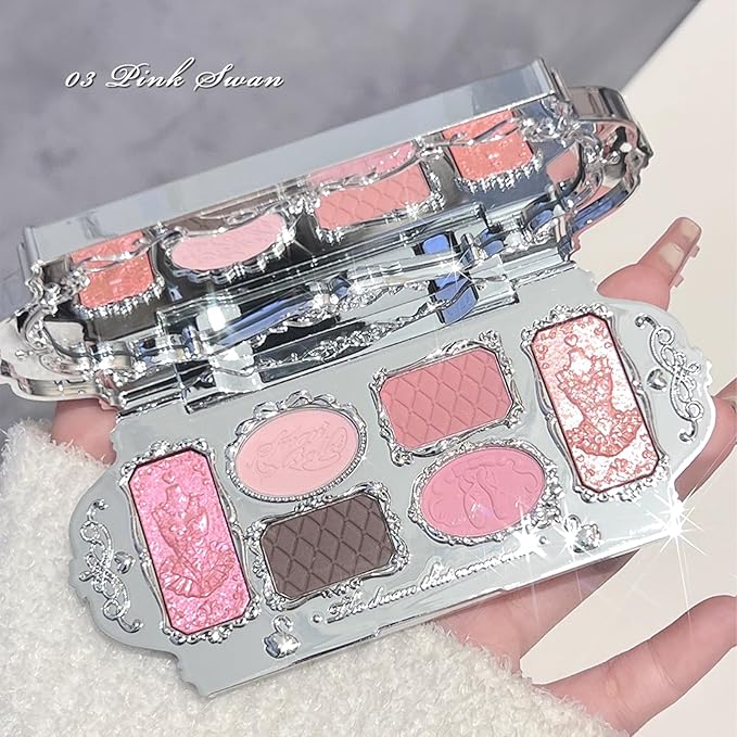 Flower Knows Swan Ballet Six-Color Makeup Palette,Eyeshadow,Blush,Highlighting & Contour All-in-One Face Makeup Palette with 4 Matte+2 Shimmer Pink Shades(03 Pink Swan,0.23 Oz)