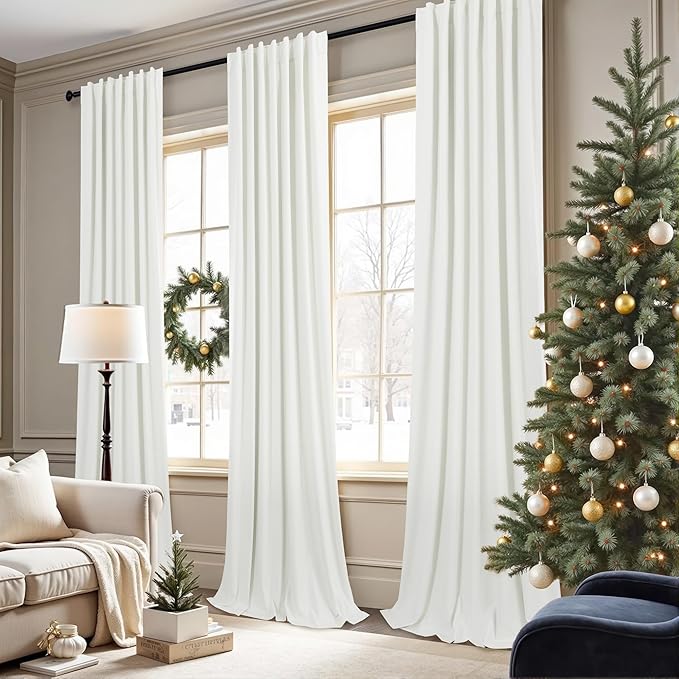 Black Out Curtains 72 Inch Long 2 Panel Burg Lightweight Faux Linen Cute Blackout Bay Window Curtain Modern Neutral Drapes for Bedroom Cabin Room Darkening Curtains 6FT Length Back Tab Ivory Off White